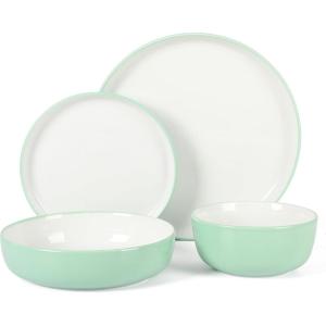 imageSur La Table Kitchen Essentials 16 Piece TwoTone Porcelain Chip and Scratch Resistant Dinnerware Plates and Bowls Set  RedWhiteGreenWhite