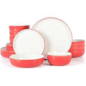 imageSur La Table Kitchen Essentials 16 Piece TwoTone Porcelain Chip and Scratch Resistant Dinnerware Plates and Bowls Set  RedWhiteRedWhite