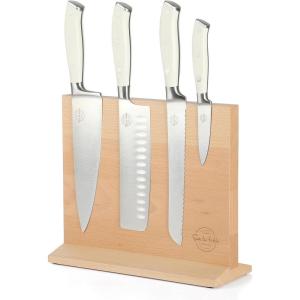 imageSur La Table Kitchen Essentials 5 Piece German Steel Blade wTriple Riveted Handle Set on Beechwood Magnetic Block  BlackLinen White