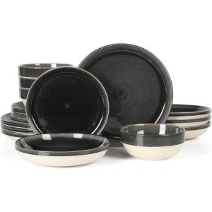 imageSur La Table Kitchen Essentials Banquette 16 Piece Double Bowl Plates and Bowls Reactive Glaze Stoneware Dinnerware Set  GreenBlack