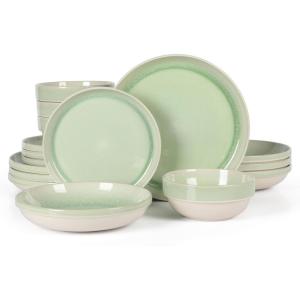 imageSur La Table Kitchen Essentials Banquette 16 Piece Double Bowl Plates and Bowls Reactive Glaze Stoneware Dinnerware Set  GreenGreen