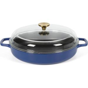 imageSur La Table Kithcen Essential 375 Quart Enamel Cast Iron All In One MultiPurpose NonToxic Nonstick Braiser Pan WBorosilicate Glass Lid  Linen WhiteBlue