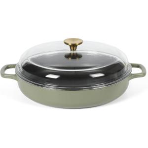 imageSur La Table Kithcen Essential 375 Quart Enamel Cast Iron All In One MultiPurpose NonToxic Nonstick Braiser Pan WBorosilicate Glass Lid  Linen WhiteGreen