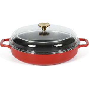 imageSur La Table Kithcen Essential 375 Quart Enamel Cast Iron All In One MultiPurpose NonToxic Nonstick Braiser Pan WBorosilicate Glass Lid  Linen WhiteRed