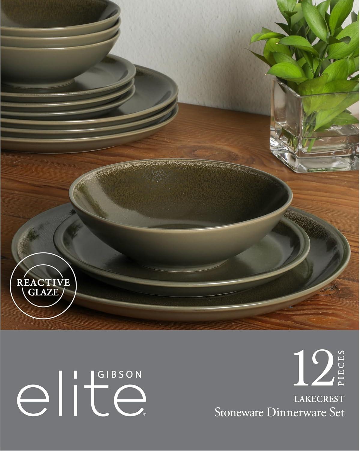 imageGibson Elite Capetown Assorted Color Reactive Glaze Round Stoneware Dinnerware Black Yellow Orange Green Service for Four 12pcsDark Green