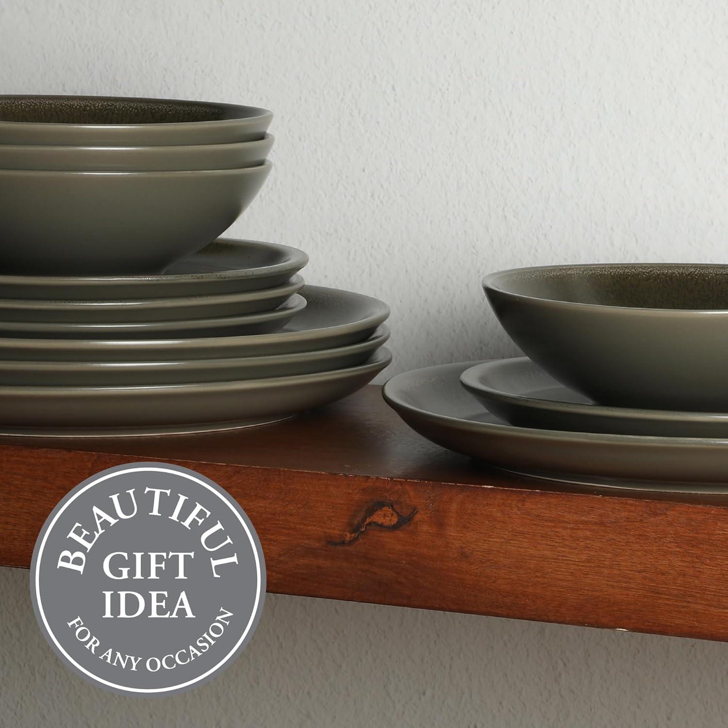 imageGibson Elite Capetown Assorted Color Reactive Glaze Round Stoneware Dinnerware Black Yellow Orange Green Service for Four 12pcsDark Green