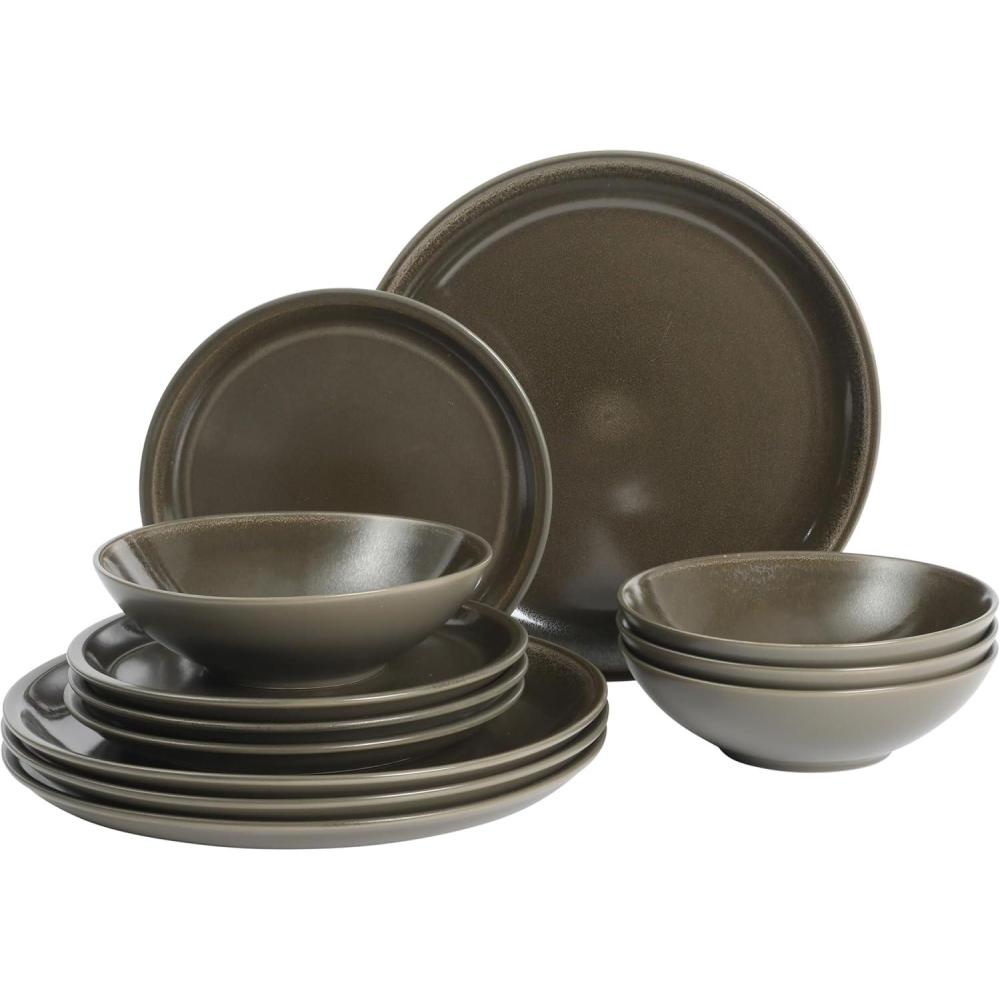 imageGibson Elite Capetown Assorted Color Reactive Glaze Round Stoneware Dinnerware Black Yellow Orange Green Service for Four 12pcsDark Green