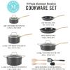imageMartha Stewart Lockton Premium Nonstick PFA Free Ceramic Interior 10 Piece Heavy Gauge Enamel Aluminum Pots and Pans Cookware Set  Linen White wGold HandleCombo