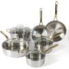 imageMartha Stewart Castelle 10 Piece 188 Stainless Steel Induction Safe Pots and Pans NonToxic Cookware SetStainless Steel W Gold Handle