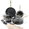 imageMartha Stewart Lockton Premium Nonstick PFA Free Ceramic Interior 10 Piece Heavy Gauge Enamel Aluminum Pots and Pans Cookware Set  Linen White wGold HandleCombo