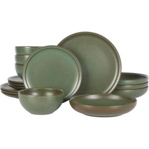 imageGibson Elite Beckett Stoneware Matte Reactive Glaze 16 Piece Service for 4 Plates and Bowls Dinnerware Set  Green