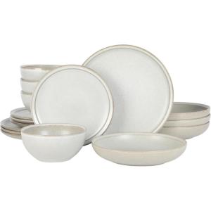imageGibson Elite Beckett Stoneware Matte Reactive Glaze 16 Piece Service for 4 Plates and Bowls Dinnerware Set  Linen White