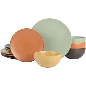 imageGibson Elite Capetown Assorted Color Reactive Glaze Round Stoneware Dinnerware Black Yellow Orange Green Service for Four 12pcsBlackYellowOrangeGreen