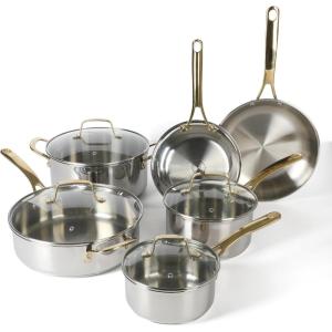 imageMartha Stewart Castelle 10 Piece 188 Stainless Steel Induction Safe Pots and Pans NonToxic Cookware SetStainless Steel W Gold Handle