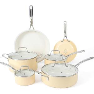 imageMartha Stewart Lockton Premium Nonstick 10 Piece Enamel Heavy Gauge Aluminum Pots and Pans Cookware Set  Martha BlueButter Cream
