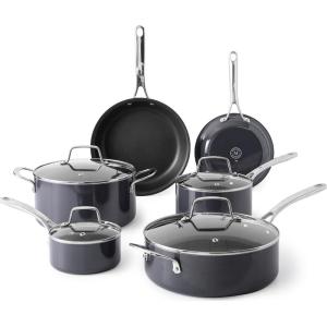 imageMartha Stewart Lockton Premium Nonstick 10 Piece Enamel Heavy Gauge Aluminum Pots and Pans Cookware Set  Martha BlueGray