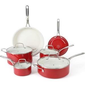 imageMartha Stewart Lockton Premium Nonstick 10 Piece Enamel Heavy Gauge Aluminum Pots and Pans Cookware Set  Martha BlueRed