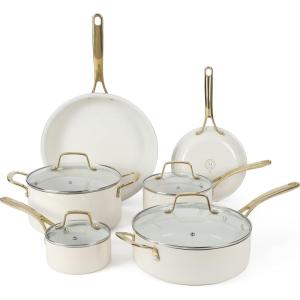 imageMartha Stewart Lockton Premium Nonstick PFA Free Ceramic Interior 10 Piece Heavy Gauge Enamel Aluminum Pots and Pans Cookware Set  Linen White wGold HandleLinen w Gold Handle