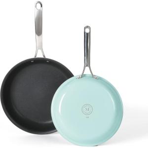 imageMartha Stewart Lockton Premium Nonstick PFA Free Ceramic Interior 10 Piece Heavy Gauge Enamel Aluminum Pots and Pans Cookware Set  Linen White wGold HandleMartha Blue