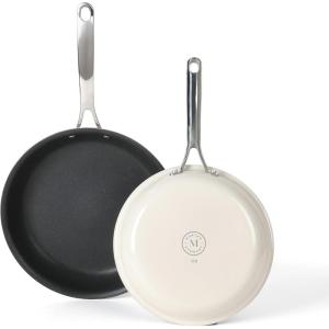 imageMartha Stewart Lockton Premium Nonstick PFA Free Ceramic Interior 10 Piece Heavy Gauge Enamel Aluminum Pots and Pans Cookware Set  Linen White wGold HandleLinen