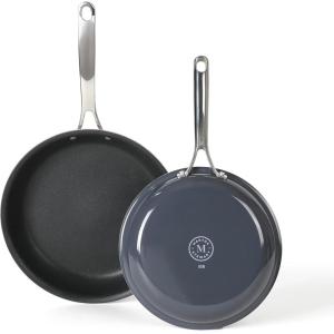 imageMartha Stewart Lockton Premium Nonstick PFA Free Ceramic Interior 10 Piece Heavy Gauge Enamel Aluminum Pots and Pans Cookware Set  Linen White wGold HandleGray