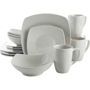imageGibson Home Zen Buffet Porcelain Chip and Scratch Resistant Dinnerware Plates Bowls and Mugs Set Service for 4 16pcs White Square Dishes