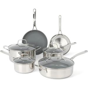 imageMartha Stewart Delaroux 10 Piece Stainless Steel Cookware Set wPFAs Free Premium Nonstick Ceramic Interior