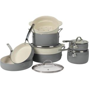 imageOprahs Favorite Things  12 Piece Triply Stainless Steel Pots and Pans Cookware Set wNonStick NonToxic Ceramic Interior Ceramic Steamer Inserts ampamp 12 Protective Care BagsStone Gray