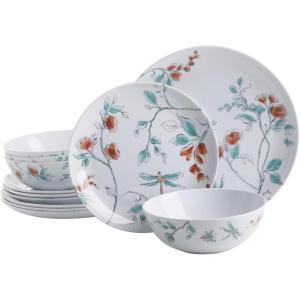 imageMartha Stewart Dragonfly Decorated Melamine Dinnerware Set  White Service for 4 12pcs