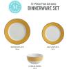 imageMartha Stewart Gracie Lane High Fired Porcelain Chip and Scratch Resistant Plates and Bowls Set White wGold Band Service for 4Gold w Gold Rim