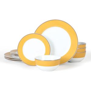 imageMartha Stewart Gracie Lane High Fired Porcelain Chip and Scratch Resistant Plates and Bowls Set White wGold Band Service for 4Gold w Gold Rim