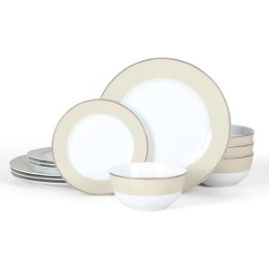 imageMartha Stewart Gracie Lane High Fired Porcelain Chip and Scratch Resistant Plates and Bowls Set White wGold Band Service for 4Grey w Gold Rim