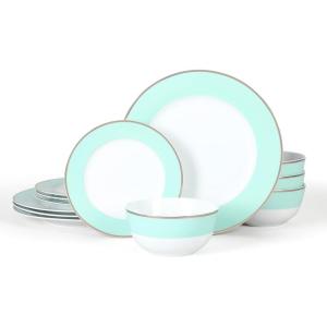 imageMartha Stewart Gracie Lane High Fired Porcelain Chip and Scratch Resistant Plates and Bowls Set White wGold Band Service for 4Martha Blue w Gold Rim