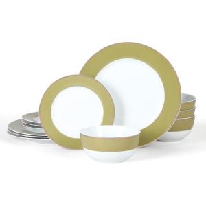 imageMartha Stewart Gracie Lane High Fired Porcelain Chip and Scratch Resistant Plates and Bowls Set White wGold Band Service for 4Olive Green w Gold Rim
