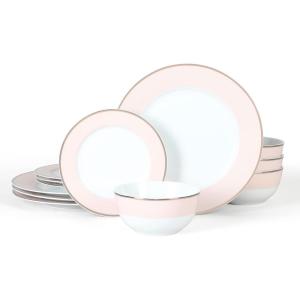 imageMartha Stewart Gracie Lane High Fired Porcelain Chip and Scratch Resistant Plates and Bowls Set White wGold Band Service for 4Pink w Gold Rim