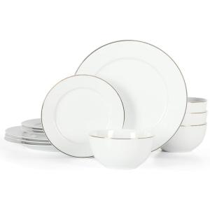 imageMartha Stewart Gracie Lane High Fired Porcelain Chip and Scratch Resistant Plates and Bowls Set White wGold Band Service for 4White w Gold Band