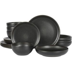 imageGibson Elite Island Cove 16 Piece Service for 4 Plates and Bowls Reactive Glaze Organic Round Dishes Stoneware Ceramic Dinnerware Set GreenBeckett Black