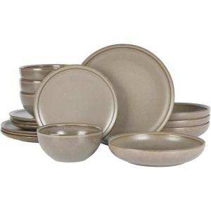 imageGibson Elite Island Cove 16 Piece Service for 4 Plates and Bowls Reactive Glaze Organic Round Dishes Stoneware Ceramic Dinnerware Set GreenBeckett Grey