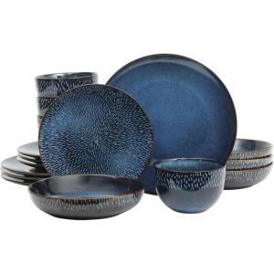 imageGibson Elite Island Cove 16 Piece Service for 4 Plates and Bowls Reactive Glaze Organic Round Dishes Stoneware Ceramic Dinnerware Set GreenCobalt Blue