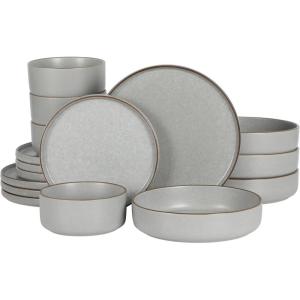 imageGibson Elite Island Cove 16 Piece Service for 4 Plates and Bowls Reactive Glaze Organic Round Dishes Stoneware Ceramic Dinnerware Set GreenGelston Grey