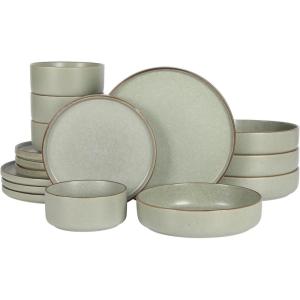 imageGibson Elite Island Cove 16 Piece Service for 4 Plates and Bowls Reactive Glaze Organic Round Dishes Stoneware Ceramic Dinnerware Set GreenGelston Green