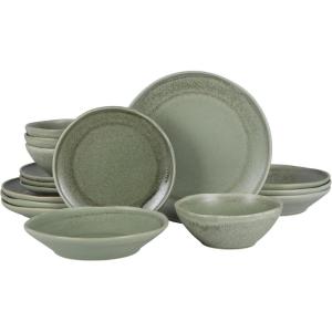 imageGibson Elite Island Cove 16 Piece Service for 4 Plates and Bowls Reactive Glaze Organic Round Dishes Stoneware Ceramic Dinnerware Set GreenIsland Green