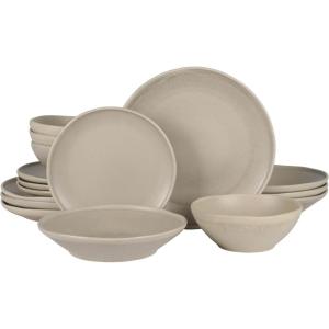 imageGibson Elite Island Cove 16 Piece Service for 4 Plates and Bowls Reactive Glaze Organic Round Dishes Stoneware Ceramic Dinnerware Set GreenLight Grey
