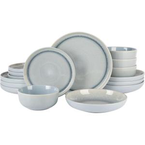 imageGibson Elite Island Cove 16 Piece Service for 4 Plates and Bowls Reactive Glaze Organic Round Dishes Stoneware Ceramic Dinnerware Set GreenSpeckled Blue
