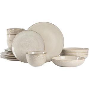 imageGibson Elite Island Cove 16 Piece Service for 4 Plates and Bowls Reactive Glaze Organic Round Dishes Stoneware Ceramic Dinnerware Set GreenTaupe