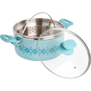 imageSpice by Tia Mowry Savory Saffron 5 QT Healthy Nonstick Ceramic Dutch Oven W Stainless Steel Steamer Insert and Lid  TealAqua Blue