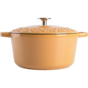 imageSpice by Tia Mowry Savory Saffron 6Qt Cast Iron Dutch Oven wEmbossed Lid  Aqua Blue 6QuartHoney Gold