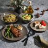 imageGibson Elite Sunveil 16 Piece Service for 4 Plates and Bowls Reactive Glaze Round Dishes Stoneware Ceramic Dinnerware Set BlueEarthy Brown