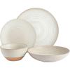 imageGibson Elite Sunveil 16 Piece Service for 4 Plates and Bowls Reactive Glaze Round Dishes Stoneware Ceramic Dinnerware Set BlueSand Cream