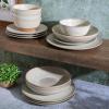 imageGibson Elite Sunveil 16 Piece Service for 4 Plates and Bowls Reactive Glaze Round Dishes Stoneware Ceramic Dinnerware Set BlueSand Cream